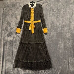 The Moon Large Peasant Prairie Black Gold Maxi Tiered Dress with Jewel Accents
